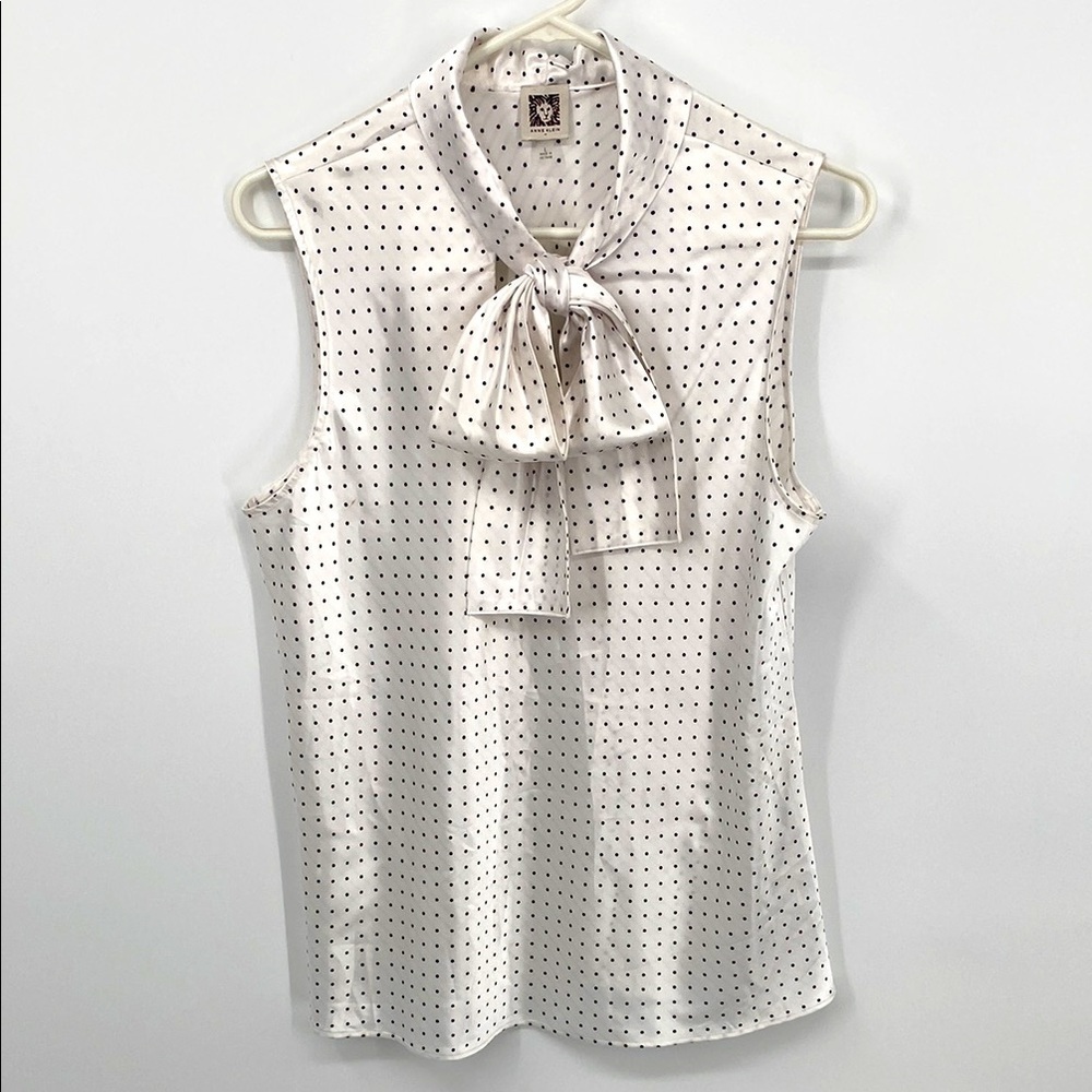 Anne Klein White Sleeveless Blouse with Black Polka Dots and Tie Front Size L